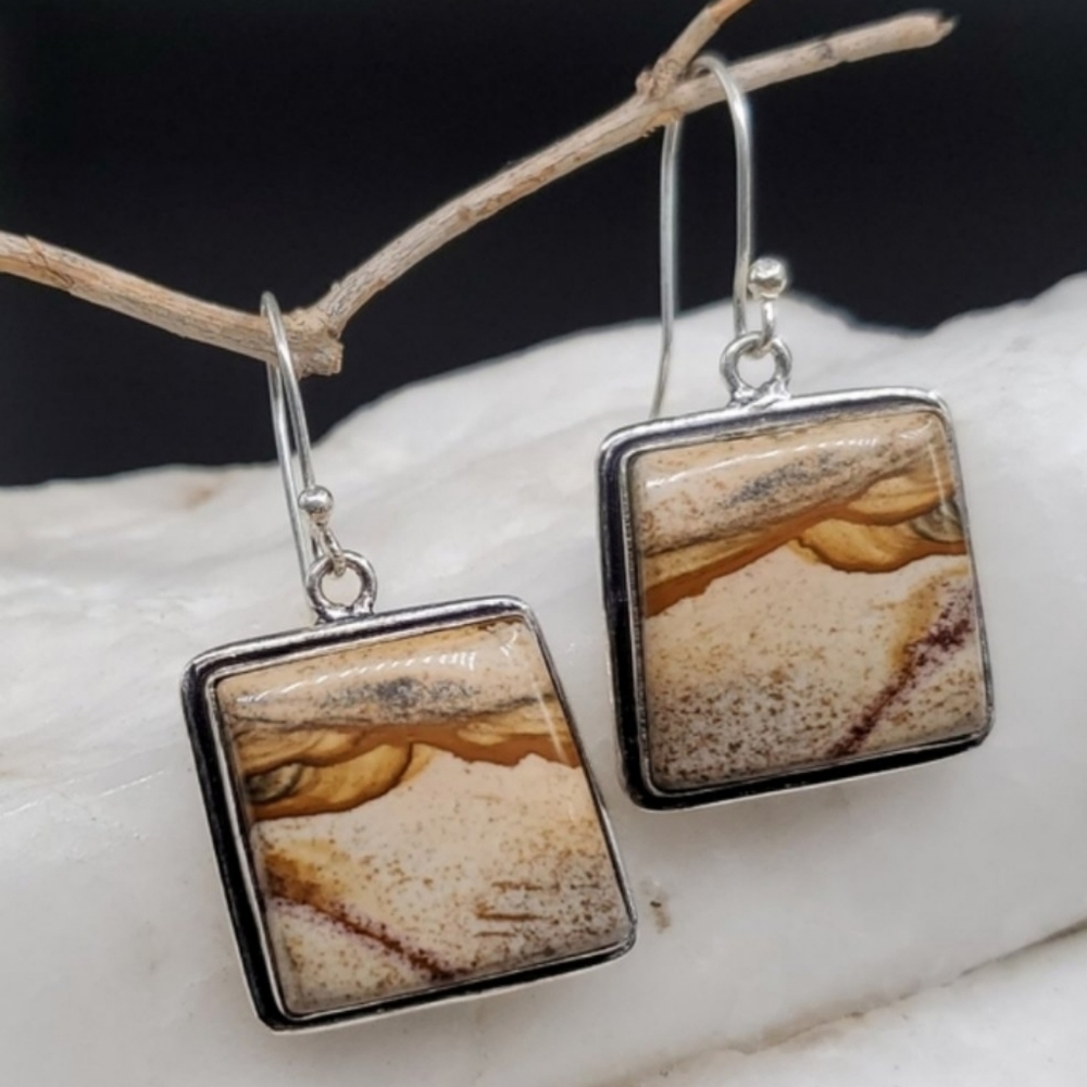 Genuine Landscape Jasper Stone 925 Silver Earrings Contemporary Artisan Jewelry